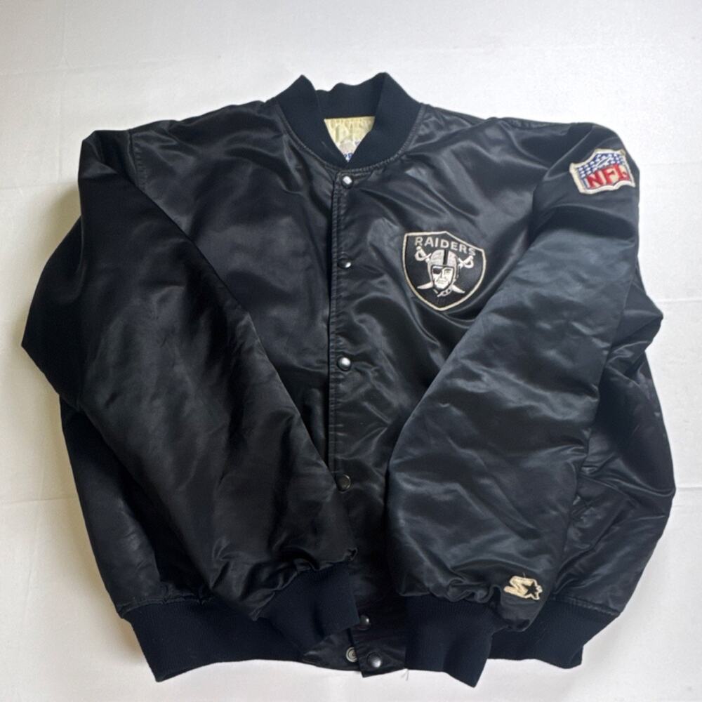Vintage Starter Pro Line Raiders Satin Bomber Jacket XL Black NFL 90s Raiders